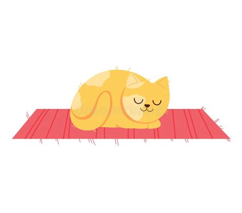 Sleeping Cartoon Cat On A Red Mat Cute Feline In A Peaceful Nap