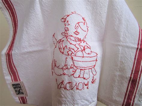 Kitten Days Of The Week Hand Embroidered Kitchen Dish Towel Red White