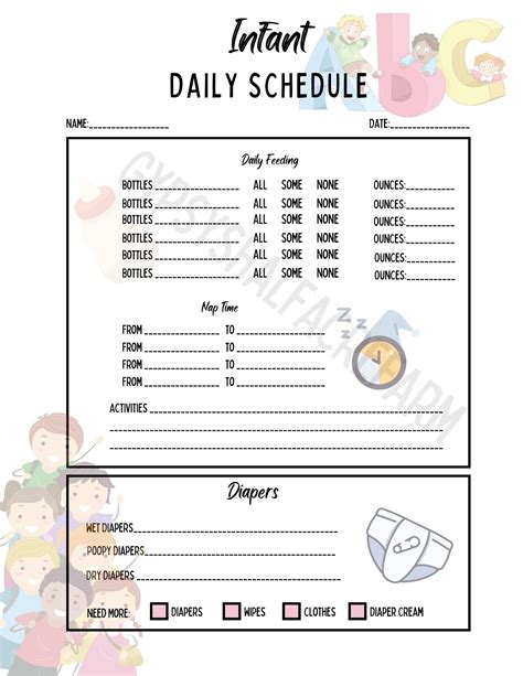 Infant Daily Schedule Pdf Printable Daycare Schedule Homeschool Schedule Etsy