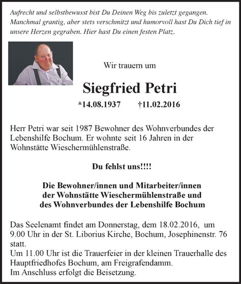 Traueranzeigen Von Siegfried Petri Trauer In NRW De