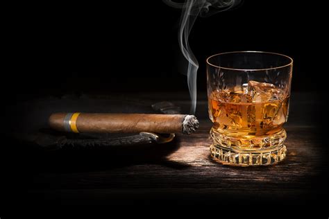 Whisky Glass Alcohol Whiskey Smoking Drinking Glass Ice Cubes Cigars Whisky Hd Wallpaper