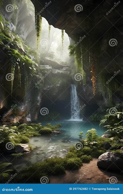 A Beautiful Rock Cave With Moss And Plants Stock Illustration