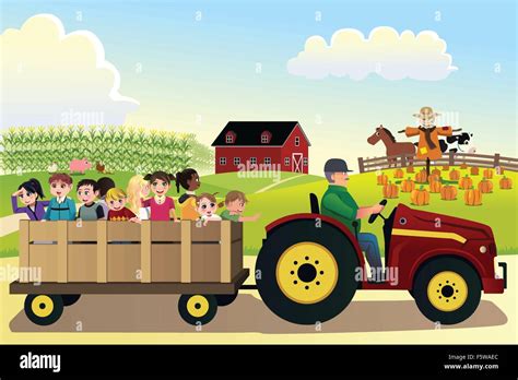 A Vector Illustration Of Kids Going On A Hayride In A Farm With Corn