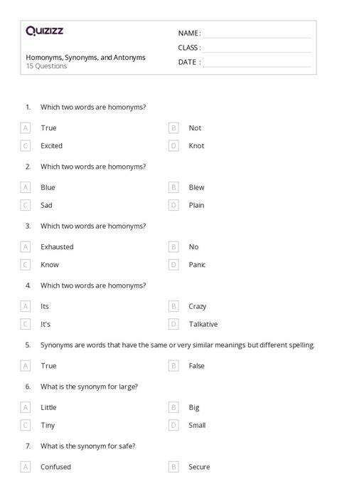 50 Synonyms And Antonyms Worksheets For 4th Grade On Quizizz Free