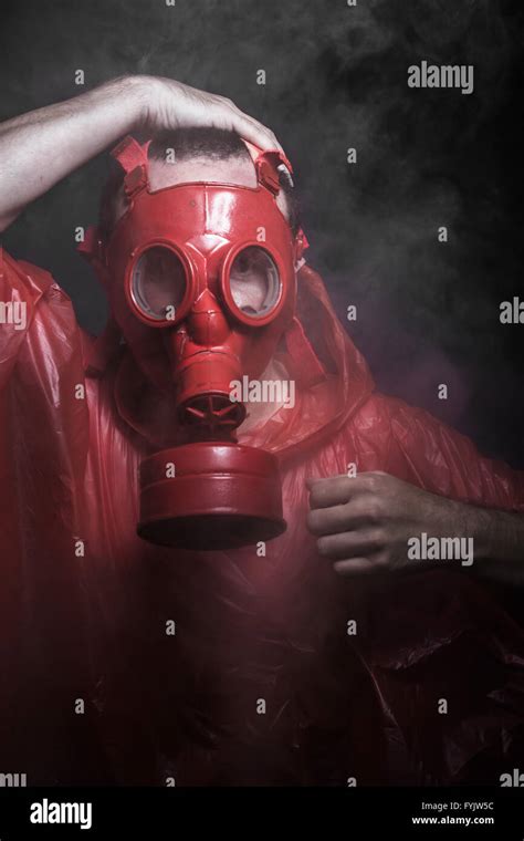 Ebola Infection Concept Man With Red Gas Mask Stock Photo Alamy