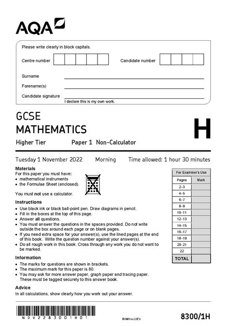 Aqa Gcse Mathematics Paper 1 November 2022 Question Paper 8300 1h Higher Tier Non Calculator