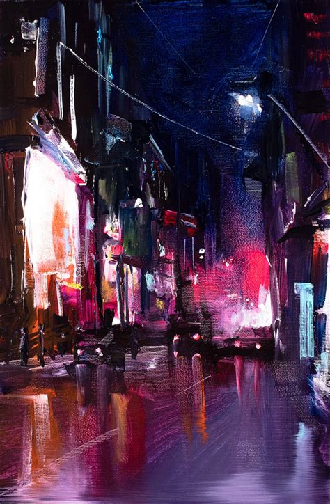 City Night Painting Original Cityscape Art Purple - Etsy