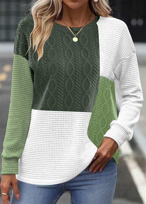 Plus Size Blackish Green Patchwork Long Sleeve Sweatshirt