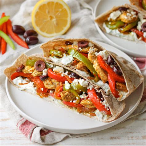 Mealime Sheet Pan Chicken Pitas With Bell Peppers Tzatziki Olives