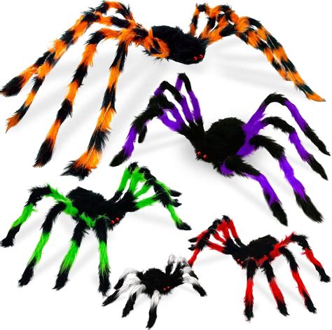 5pcs Halloween Spider Decorations With 5 Colors Red Eyes