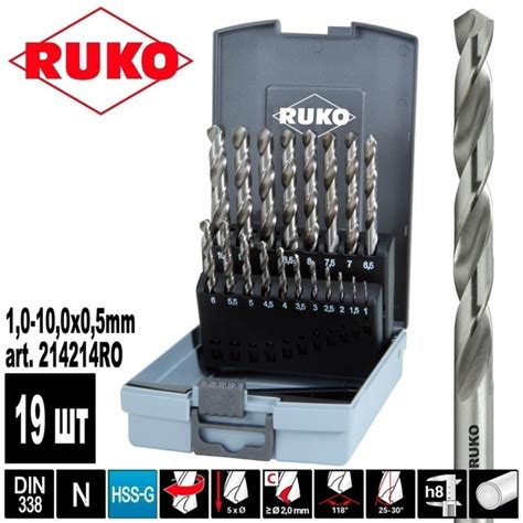 Набор сверл по металлу 1-10мм 19шт DIN338 HSS-G RUKO 214214RO - купить ...
