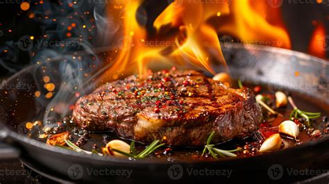 AI Generated Sizzling Steak on Cast Iron Skillet Amidst Rising Flames