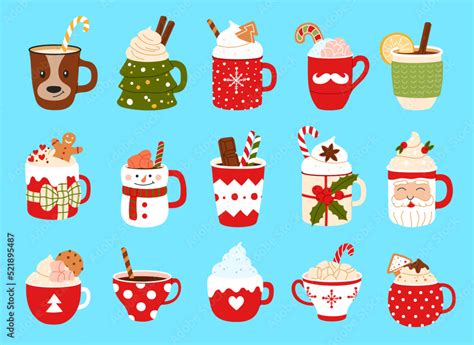 Christmas Coffee Cups And Tea Mugs Kitchen Crockery With Hot Chocolate Vector Drink Mugs