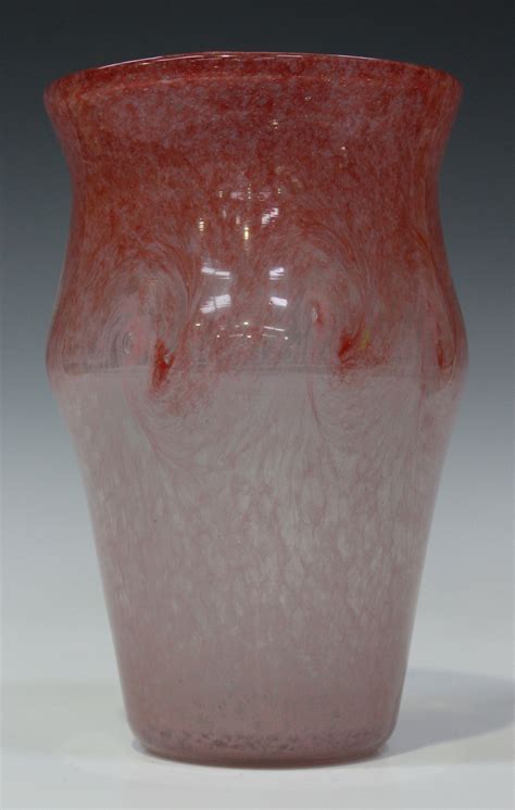 A Vasart Glass Vase Mid 20th Century The Waisted Cylindrical Body With Mottled Red To Pink Swirlin