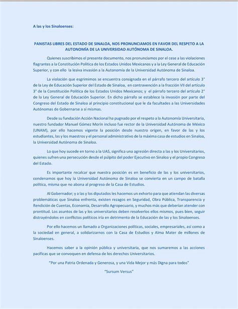 M S Panistas Se Suman A La Defensa De La Autonom A De La Uas Lo