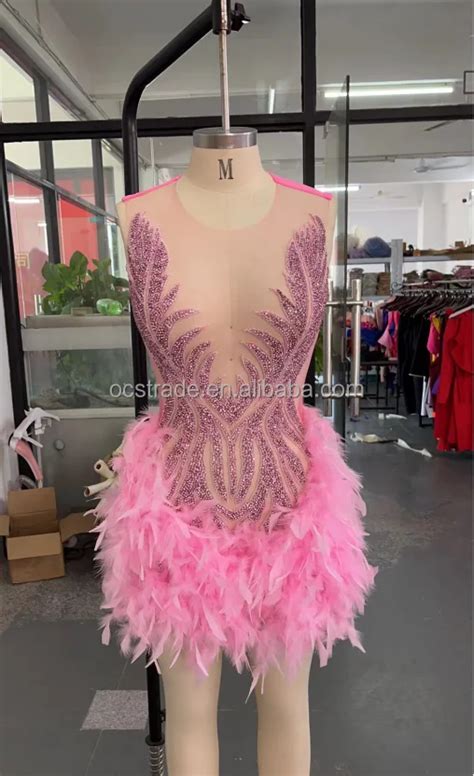 Ocstrade Luxurious Sparkly Diamond Mesh Mini Dress Feather Rhinestone