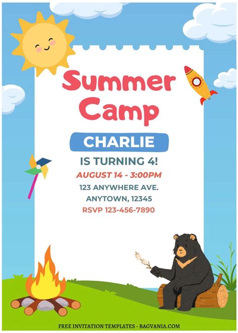 (Free Editable PDF) Playful Summer Camp Kids Birthday Invitation Templates