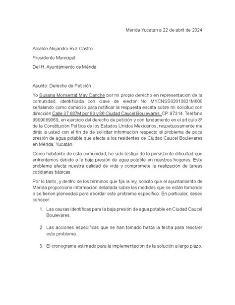 Derecho De Petici N Merida Yucatan A De Abril De Alcalde