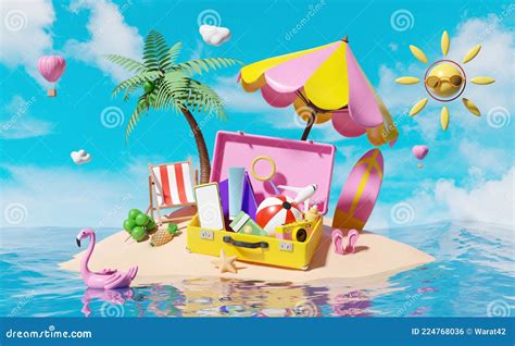 Summer Travel With Yellow Suitcase Beach Chair Island Camera Umbrella Inflatable Flamingo