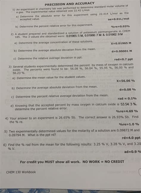 Solved PRECISION AND ACCURACY 1) An experiment in chemistry | Chegg.com