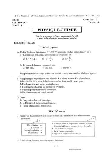 Sujet Correction Pc Bepc Zone Et By M Tehua