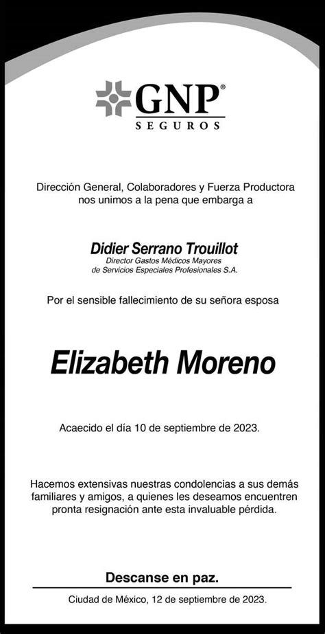 Señora Elizabeth Moreno Obituario Esquela