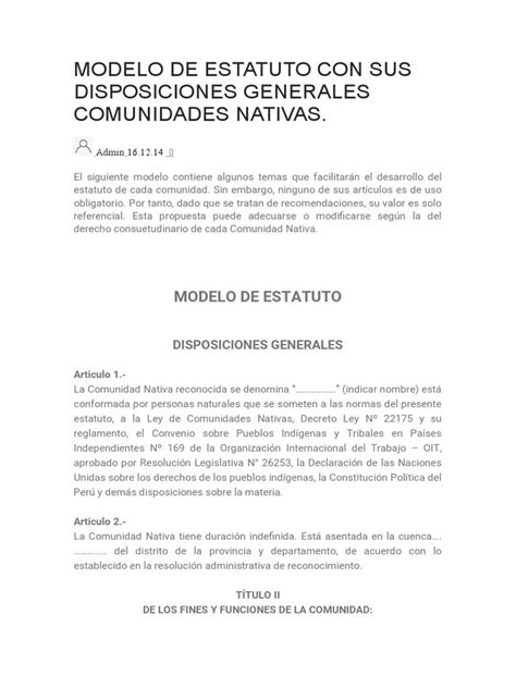 Modelo De Estatuto Con Sus Disposiciones Generales Comunidades Nativas Pdf Organización