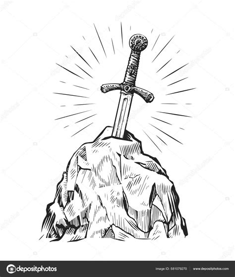 Excalibur Sword Stone Hand Drawn Sketch Vintage Engraving Style Vector