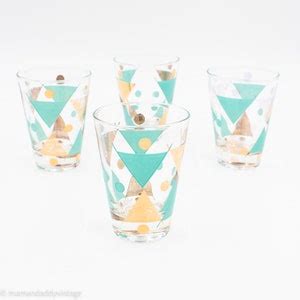 Gay Fad Time And Tide Cocktail Glasses Teal And Gold Triangles Set Of Etsy