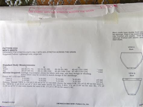 Mens Bikini Briefs Underwear Sewing Pattern Kwik Sew Size