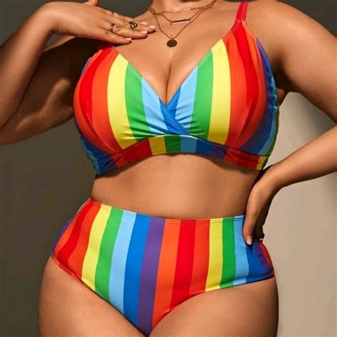 Swim New Plus Sz Rainbow Striped Hiwaist Bikini Swimsuit Poshmark