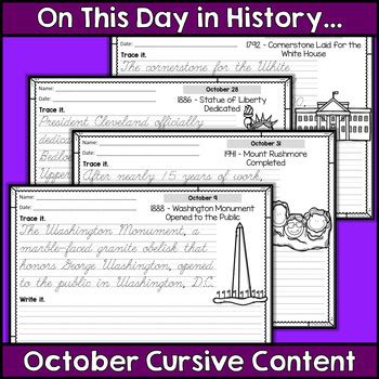 Cursive Handwriting Practice - October History by Katie Stokes | TpT