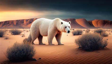 Un Oso Polar Se Encuentra En El Desierto Con Una Puesta De Sol De Fondo