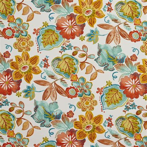 Aqua And Coral Floral Modern Jacobean Print Upholstery Fabric Floral