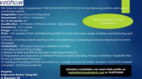 Virchow Biotech Urgent Openings In Production Qa At Hyderabad