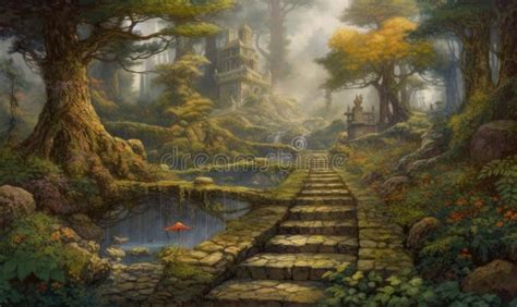 Surreal World Of A Mysterious Forest With Stone Paths Stock