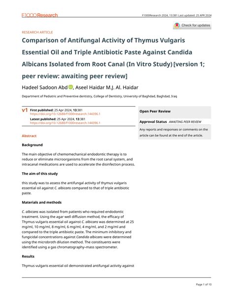 PDF Comparison Of Antifungal Activity Of Thymus Vulgaris Essential