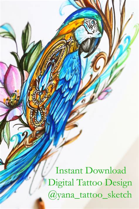 Parrot Tattoo Design Colour Parrot Tattoo Sketch Parrot and Flowers ...