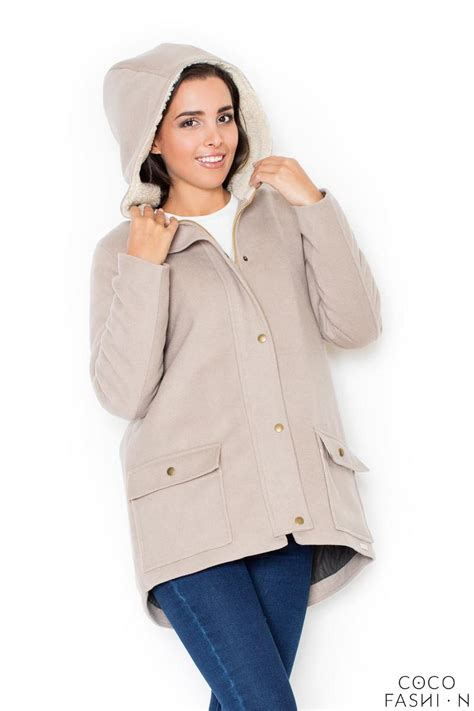 Beige Winter Hooded Snaps Closure Parka Jacket