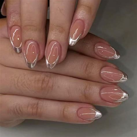 Silver French Tip Press On Nails Short Medium Almond WLGDLH Fake Nails Nude Pink False Nails