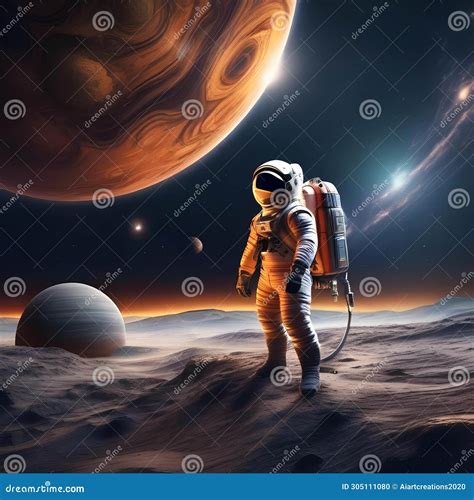 Solar System Exploration, Astronaut Floating Near a Distant Planet