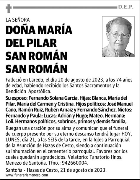 Do A Mar A Del Pilar San Rom N San Rom N Esquela Necrol Gica El