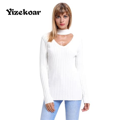 Yizekoar Womens Ribbed Choker V Neck Sweater Female Knitted Top