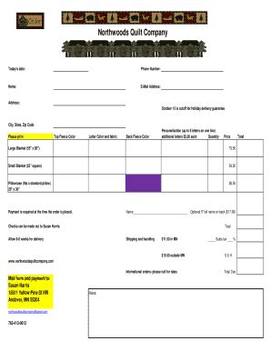 Fillable Online Blanket Order Form Northwoods Quilt Company Fax Email