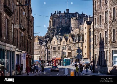 Grassmarket With Castle Behind Edinburgh Scotland Europe Stock Photo