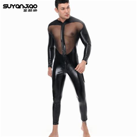 Thin Tight Mesh Bodysuit Sexy Lingerie For Men Wet Look Long Sleeve