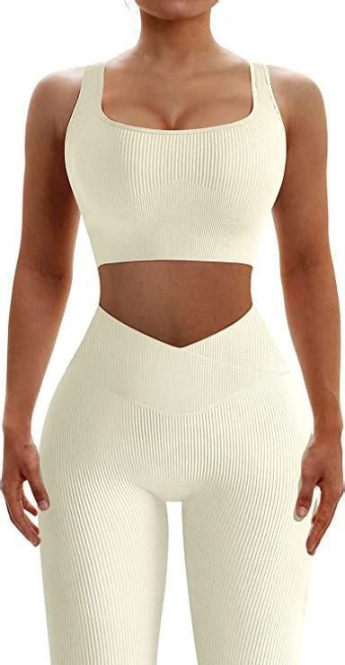 JZC Yoga Workout Outfits For Women 2 Piece Ribbed Seamless Sports