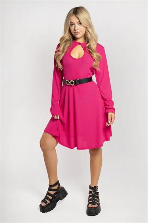 Wholesale Plus Size Hot Pink Keyhole Long Sleeve Skater Dress