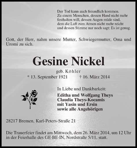 Traueranzeigen Von Gesine Nickel Trauer Gedenken