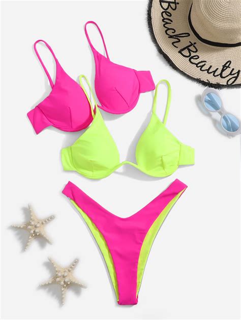 SHEIN Swim Vcay Colorblock Bikini Set 2Pcs Underwire Push Up Bra High